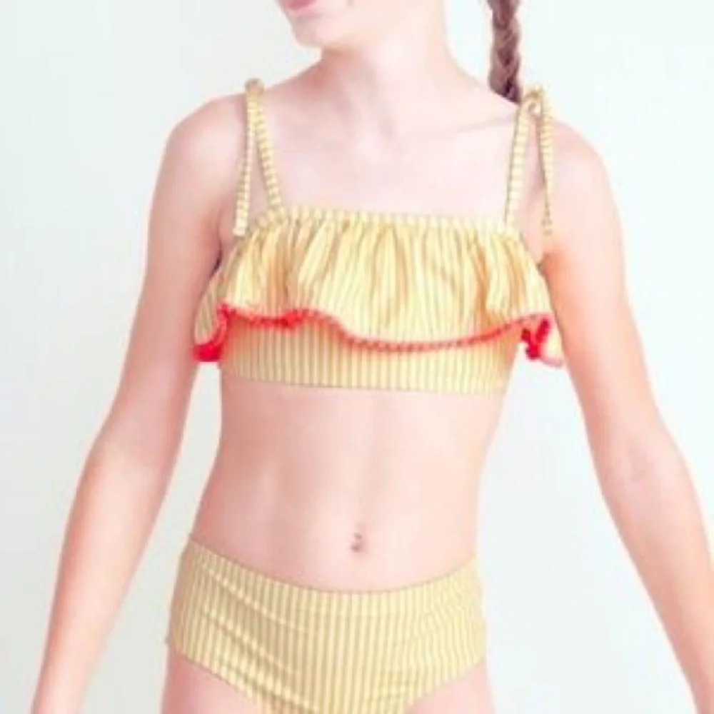 NWOT Old Navy Yellow Stripe and Coral Pom-Pom Bikini Top